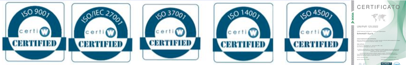 Schema31 ha il sistema di qualità certificato ISO9001, ISO27001 (sicurezza delle informazioni), ISO37001 (Anticorruzione), ISO14001 (Ambiente), ISO45001 (sicurezza e salute sul luogo di lavoro), UNI PdR 125:2022